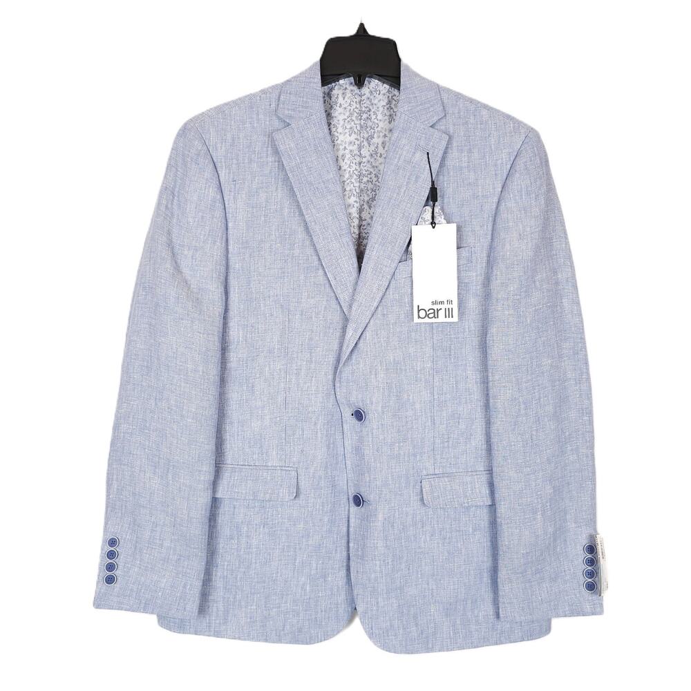 Bar III Mens Slim Fit Linen Sport Coat Blazer 38L Blue Solid NWT